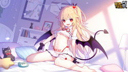 Rule 34 | 1girl, bare legs, bare shoulders, barefoot, bat wings, bed, bedroom, benghuai xueyuan, blonde hair, book, bookshelf, breasts, carrying, clock, copyright name, crop top, crop top overhang, demon tail, fang, femirins (benghuai xueyuan), fingerless gloves, gloves, hair ornament, heart, heart-shaped pupils, heart hair ornament, highres, honkai (series), lamp, long hair, looking at viewer, midriff, miniskirt, navel, no shoes, panty straps, piggyback, pillow, pubic tattoo, quan (kurisu tina), red eyes, red ribbon, ribbon, ribbon-trimmed clothes, ribbon trim, sitting, skirt, small breasts, smile, solo, stuffed animal, stuffed cat, stuffed toy, symbol-shaped pupils, tail, tattoo, thigh strap, wallpaper, wariza, wings