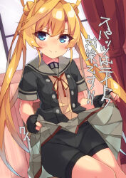Rule 34 | 1girl, abukuma (kancolle), abukuma kai ni (kancolle), beritabo, bike shorts under skirt, black gloves, black jacket, black shorts, blonde hair, blue eyes, blush, buttons, closed mouth, clothes lift, double bun, feet out of frame, fingerless gloves, gloves, grey sailor collar, grey skirt, hair bun, hair rings, highres, jacket, kantai collection, lifting own clothes, long hair, looking at viewer, open clothes, open jacket, pleated skirt, red ribbon, ribbon, sailor collar, short sleeves, shorts, skirt, skirt lift, smile, solo, twintails