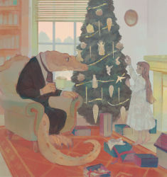 Rule 34 | 1girl, animal, ascot, barefoot, black ascot, blazer, blue eyes, bookshelf, brown hair, chair, child, christmas ornaments, christmas tree, crocodile, crocodilian, cup, dress, eye contact, fireplace, formal, gift, highres, holding, holding cup, indoors, jacket, long dress, long hair, looking at another, original, pants, pastel colors, room, roomscape, rug, sharp teeth, shirt, sitting, standing, steam, suit, teeth, tono (rt0no), white dress, white shirt, window