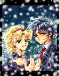 Rule 34 | 1boy, 1girl, alternate costume, bandages, blonde hair, blue background, blue hair, brown eyes, cecilia lynne adelhyde, choker, formal, green eyes, hairband, hiromine masaki, necktie, red necktie, rody roughnight, short hair, smile, snow, snowflakes, suit, wild arms, wild arms 1