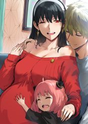 Rule 34 | 1boy, 2girls, absurdres, affectionate, anya (spy x family), bare shoulders, black hair, blonde hair, blush, breasts, child, closed eyes, closed mouth, earrings, family, father and daughter, hairband, hand on another&#039;s stomach, hews, highres, hug, husband and wife, jewelry, laughing, long hair, medium breasts, mother and daughter, multiple girls, one eye closed, open mouth, pink hair, pregnant, red eyes, spy x family, sweater, teeth, twilight (spy x family), upper teeth only, yor briar