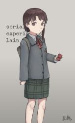 Rule 34 | 1girl, absurdres, asymmetrical hair, brown eyes, brown hair, closed mouth, deepseasinker, hair ornament, hairclip, highres, iwakura lain, looking at viewer, school uniform, serial experiments lain, short hair, simple background, skirt, solo, x hair ornament