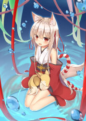Rule 34 | 1girl, :d, absurdres, animal, animal ear fluff, animal ears, aroma0501, bare shoulders, blush, commentary request, fang, fox, fox ears, fox tail, hair between eyes, hair ribbon, highres, japanese clothes, kimono, light brown hair, long hair, long sleeves, looking at viewer, obi, open mouth, original, red eyes, red kimono, red ribbon, ribbon, sash, sitting, sleeveless, sleeveless kimono, smile, solo, tail, two side up, very long hair, wariza, water, water drop, white kimono, wide sleeves