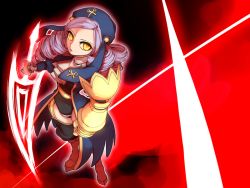 Rule 34 | 1girl, dlanor a. knox, drill hair, energy sword, female focus, from above, full body, gradient background, hat, long hair, niso, purple hair, solo, standing, sword, thighhighs, umineko no naku koro ni, weapon, yellow eyes