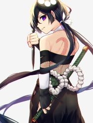 Rule 34 | 1girl, absurdres, backless outfit, black hair, eyepatch, fate/grand order, fate (series), from behind, highres, kunai, long hair, looking back, low twintails, mochizuki chiyome (fate), ninjatou, purple eyes, short sword, snake tattoo, sword, tattoo, twintails, weapon, yuurei447