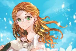 Rule 34 | 1girl, 712 (712 nnn), blouse, blue sky, brown hair, closed mouth, commission, earrings, glasses, green eyes, highres, indie virtual youtuber, jewelry, long hair, mariel (vtuber), necklace, shirt, skeb commission, sky, solo, thank you, upper body, virtual youtuber, white shirt