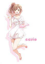 Rule 34 | 1girl, absurdres, book, brown eyes, brown hair, caffein, cevio, dress, highres, long hair, no socks, open mouth, pointing, satou sasara, see-through silhouette, shoes, side ponytail, smile, solo, transparent, white dress