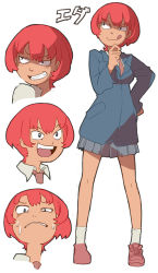 Rule 34 | 1girl, 999knight, :d, black eyes, blazer, expressions, fang, grimace, grin, hand on own hip, jacket, looking at viewer, multiple views, necktie, open mouth, original, red hair, school uniform, shoes, short hair, simple background, skirt, smile, sneakers, socks, sweat, tongue, tongue out, white background