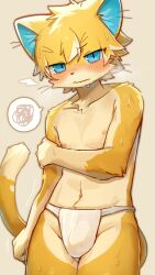 Rule 34 | 1boy, absurdres, animal ears, blonde hair, blue eyes, blush, body fur, bulge, cat boy, cat ears, cat tail, closed mouth, embarrassed, fundoshi, furry, furry male, grey background, highres, japanese clothes, kurom960, male focus, multicolored fur, navel, nipples, original, simple background, solo, spoken squiggle, squiggle, tail, wet, white fur, yellow fur
