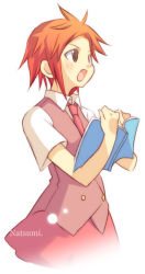 00s 1girl :d book brown_eyes character_name collared_shirt cowboy_shot female_focus freckles holding mahou_sensei_negima! murakami_natsumi_(negima) necktie open_book open_mouth orange_hair red_skirt school_uniform shirt short_hair skirt smile solo spiked_hair vest wawaway white_shirt