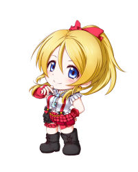 Rule 34 | 10s, 1girl, ayase eli, blonde hair, blue eyes, blush, bokura wa ima no naka de, boots, bow, breasts, bridal garter, chibi, cross-laced footwear, earrings, full body, hair bow, hand on own hip, highres, jewelry, kuena, lace-up boots, long hair, love live!, love live! school idol project, medium breasts, necktie, ponytail, simple background, smile, solo, white background
