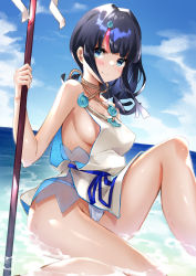 Rule 34 | 1girl, :i, absurdres, aoi kurora, bad id, bad pixiv id, bare arms, bare legs, bare shoulders, black hair, blue eyes, blue sky, blush, breasts, closed mouth, day, fate/grand order, fate (series), feet out of frame, halterneck, highres, holding, holding staff, knee up, long hair, looking at viewer, magatama, magatama hair ornament, medium breasts, multicolored hair, ocean, outdoors, panties, pantyshot, pout, red hair, revealing clothes, see-through, seigaiha, shallow water, sideboob, sitting, sky, smile, solo, staff, streaked hair, two-sided fabric, two-sided skirt, underwear, utsumi erice, v-shaped eyebrows, water, white panties