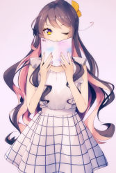Rule 34 | 10s, 1girl, alternate costume, black hair, book, checkered clothes, checkered skirt, covering own mouth, covering privates, dress, hair ornament, hair ribbon, kantai collection, long hair, looking at viewer, multicolored hair, naganami (kancolle), one eye closed, open book, pink hair, ribbon, sayori (oskn), simple background, skirt, sleeveless, solo, very long hair, white dress, yellow eyes