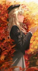 Rule 34 | 1girl, absurdres, autumn leaves, black hat, black jacket, blonde hair, blush, braid, closed eyes, commentary request, cross-laced clothes, crown braid, dark-skinned female, dark skin, dress, french braid, from side, grey dress, hat, highres, hololive, jacket, long hair, long sleeves, nayuyu1105, outdoors, own hands together, pinstripe dress, pinstripe pattern, pointy ears, profile, sailor collar, sailor dress, sailor hat, shiranui flare, shiranui flare (street), smile, solo, standing, striped, virtual youtuber, white sailor collar