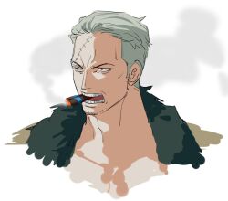 Rule 34 | 1boy, cigar, close-up, fur collar, jacket, looking to the side, male focus, one piece, raine (acke2445), scar, scar on face, simple background, smoke, smoker (one piece), solo, undercut, white background, white hair