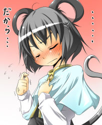 Rule 34 | 1girl, aki (akikaze asparagus), angry, animal ears, blush, closed eyes, female focus, gradient background, grey hair, mouse ears, mouse tail, nazrin, solo, sweatdrop, tail, touhou, white background