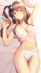 Rule 34 | 1girl, blue eyes, bra, breasts, brown hair, cleavage, collarbone, hair between eyes, hair ornament, highres, kantai collection, lace, lace bra, lace panties, large breasts, long hair, looking at viewer, lying, navel, on back, panties, ponytail, saratoga (kancolle), side ponytail, sidelocks, smile, smokestack, solo, stomach, thigh gap, umihotaru harumare, underwear, underwear only, white bra, white panties
