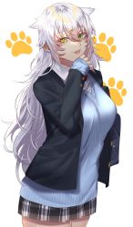 Rule 34 | 1girl, bag, blazer, blue sweater vest, breasts, cowboy shot, from side, green eyes, hair ornament, hairclip, hand to own mouth, highres, jacket, large breasts, long hair, looking at viewer, onineko-chan, open clothes, open jacket, open mouth, original, paw print, paw print background, plaid, plaid skirt, pocket, ribbed sweater, school bag, school uniform, shirt, sideways glance, simple background, skirt, sleeves past wrists, solo, sweater, sweater vest, tongue, tongue out, unbuttoned, very long hair, white background, white shirt, wing collar