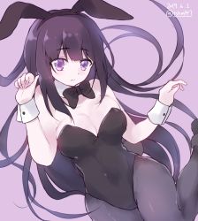 Rule 34 | 1girl, animal ears, black bow, black bowtie, black hair, black leotard, black pantyhose, bow, bowtie, breasts, commentary request, cowboy shot, dated, detached collar, fake animal ears, large breasts, leotard, long hair, looking at viewer, original, pantyhose, playboy bunny, purple background, purple eyes, rabbit ears, rabbit tail, simple background, solo, strapless, strapless leotard, tail, tomashuu, twitter username, wrist cuffs