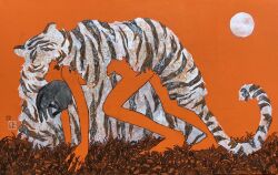 Rule 34 | 1girl, all fours, animal ears, artist logo, brown eyes, colored skin, completely nude, dead animal, female focus, full body, grass, highres, looking at viewer, mouth hold, nude, orange background, orange skin, orange theme, original, pelt, rabbit, simple background, solo, sun, tail, tiger ears, tiger tail, tsurikawa373