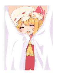 Rule 34 | 1girl, :d, ^ ^, absurdres, ascot, blonde hair, closed eyes, curtain grab, curtains, facing viewer, flandre scarlet, hat, hat ribbon, highres, iroha (pcrx7327), mob cap, open mouth, red ribbon, ribbon, smile, solo, touhou, upper body, white hat, yellow ascot
