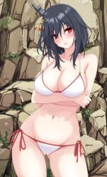 Rule 34 | 1girl, :o, arm under breasts, bare shoulders, bikini, black hair, blush, breasts, cleavage, collarbone, commentary request, cowboy shot, crossed arms, gluteal fold, groin, hair between eyes, hair ornament, highres, kantai collection, large breasts, legs apart, long hair, looking at viewer, navel, nitamako (sakamalh), red eyes, side-tie bikini bottom, skindentation, solo, swimsuit, thighs, white bikini, yamashiro (kancolle)