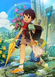 Rule 34 | 1boy, ahoge, animal, backpack, bag, bandaid, bandaid on knee, bandaid on leg, beetle, bird, blue flower, blue sky, broom, brown eyes, brown hair, brown shorts, bug, butterfly, carrying, child, closed umbrella, cloud, commentary, day, eurasian tree sparrow, flower, food, full body, hose, insect, leaf, looking at viewer, looking back, male focus, morning glory, noeyebrow (mauve), open mouth, orange footwear, original, outdoors, pink flower, plant, potted plant, puddle, rainbow, randoseru, red shirt, reflection, shirt, shoes, short sleeves, shorts, sky, smile, snail, sneakers, socks, solo, sparrow, standing, summer, thermos, umbrella, window, yellow flower, yellow umbrella