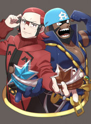 Rule 34 | 2boys, adjusting eyewear, archie (pokemon), bandana, batabiru, beard, black hair, blue bandana, bodysuit, clenched hand, closed mouth, collarbone, commentary request, creatures (company), dark-skinned male, dark skin, diving suit, facial hair, game freak, glasses, glint, hands up, highres, holding, looking at viewer, male focus, maxie (pokemon), medium hair, multiple boys, nintendo, open mouth, pokemon, pokemon masters ex, pokemon oras, red hair, ribbed sweater, sharp teeth, smile, sweater, team aqua, team magma, teeth, tongue, wetsuit