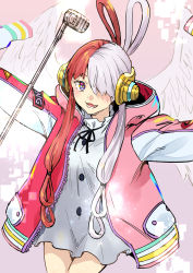 Rule 34 | 1girl, :d, akechi shizuku, blush, commentary request, dress, feathered wings, grey hair, hair over one eye, hair rings, highres, hood, hood down, hooded jacket, jacket, long hair, long sleeves, looking at viewer, microphone, microphone stand, multicolored hair, one piece, one piece film: red, open clothes, open jacket, open mouth, outstretched arms, pink jacket, purple eyes, red hair, red jacket, smile, solo, spread arms, two-tone hair, uta (one piece), very long hair, white dress, white wings, wings