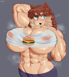 Rule 34 | 1girl, abs, absurdres, animal ears, arm up, artist name, biceps, blue eyes, blush, breasts, brown hair, burger, covered erect nipples, dog ears, dog girl, fangs, felicia (krekkov), food, grey background, highres, huge breasts, looking at viewer, multicolored hair, muscular, muscular female, nezulet, open mouth, original, short hair, simple background, smile, solo, steaming body, sweat, tongue, tongue out, two-tone hair