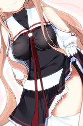 Rule 34 | 1girl, arm behind back, bare shoulders, black serafuku, breasts, brown hair, clothes lift, collarbone, gloves, gradient hair, hair over shoulder, highres, holding, holding clothes, holding skirt, kantai collection, long hair, medium breasts, multicolored hair, murasame (kancolle), necktie, pleated skirt, re-arusu, red eyes, red necktie, school uniform, serafuku, shiny skin, sidelocks, single thighhigh, skirt, skirt lift, smile, solo, sparkle, thighhighs, thighs, turret, twintails, very long hair, white gloves, white thighhighs