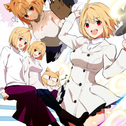Rule 34 | 1boy, 1girl, :d, ?, arcueid brunestud, blonde hair, blue pants, boots, breasts, coat, commentary request, crescent, dual persona, gabu (az210309), hands up, jewelry, looking at viewer, medium breasts, necklace, neco-arc, open mouth, pants, pantyhose, purple skirt, red eyes, short hair, skirt, smile, spoken question mark, sweater, tohno shiki, tsukihime, tsukihime (remake), white coat, white sweater