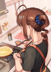 Rule 34 | 1girl, ahoge, apron, black shirt, brown hair, chopsticks, commentary, cooking, drill hair, facing away, food, from behind, holding, holding chopsticks, idolmaster, idolmaster million live!, indoors, jewelry, kamille (vcx68), medium hair, nape, necklace, omelet, print scrunchie, red apron, scrunchie, shirt, short sleeves, side drill, side ponytail, sidelocks, frying pan, solo, standing, star (symbol), star print, stove, t-shirt, yokoyama nao