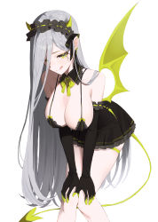 Rule 34 | 1girl, absurdres, bare shoulders, bent over, black gloves, breasts, cleavage, collar, commentary, covered erect nipples, demon girl, demon horns, demon tail, demon wings, dress, elbow gloves, frilled dress, frills, gloves, green eyes, grey hair, hairband, hands on own knees, hanging breasts, highres, horns, knees together feet apart, large breasts, licking lips, mole, mole under eye, original, seizou hidzuke, solo, spaghetti strap, symbol-only commentary, tail, thighs, tongue, tongue out, white background, wings