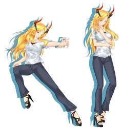 Rule 34 | 1girl, blonde hair, closed eyes, contemporary, contrapposto, denim, full body, graphite (medium), greek mythology, high heels, highres, horns, jeans, long hair, mechanical pencil, multiple views, original, pants, pencil, red eyes, shirt, simple background, standing, t-shirt, tachi-e, traditional media, white background, yustinos