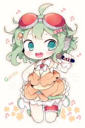 Rule 34 | 1girl, :d, ahoge, bad id, bad tumblr id, beamed quavers, blush, boots, bow, brooch, carrot hair ornament, character name, chibi, food-themed hair ornament, food themed hair ornament, full body, goggles, goggles on head, green eyes, green hair, gumi, hair bow, hair ornament, hand on own hip, headset, jewelry, jumping, kyou (nekoneko), bridal garter, matching hair/eyes, microphone, midriff, musical note, navel, open mouth, outline, quaver, red-tinted eyewear, round teeth, short hair, skirt, sleeveless, smile, solo, star (symbol), star hair ornament, teeth, tinted eyewear, vocaloid, wrist cuffs