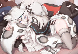 Rule 34 | 1girl, animal ear fluff, animal ears, animal print, arknights, blue eyes, commentary request, grey hair, grey thighhighs, highres, hugging own tail, hugging tail, kashiyarrm, leopard ears, leopard print, leopard tail, looking at viewer, lying, on side, parted lips, pramanix (arknights), solo, tail, thighhighs