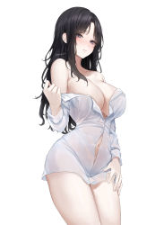 Rule 34 | 1girl, absurdres, ame 816, bare shoulders, black hair, blush, breasts, cleavage, closed mouth, collarbone, commentary, commission, covered erect nipples, cowboy shot, forehead, grey eyes, hair over shoulder, highres, large breasts, long hair, long sleeves, looking at viewer, navel, off shoulder, original, parted bangs, shadow, shirt, simple background, solo, symbol-only commentary, white background, white shirt, white sleeves, ||/