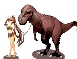 Rule 34 | 1girl, ahoge, bare shoulders, barefoot, breasts, brown eyes, brown gloves, brown hair, brown skirt, cavewoman, cleavage, closed mouth, dinosaur, elbow gloves, full body, gloves, highres, hololive, hololive english, long hair, looking at viewer, nanashi mumei, ponytail, shadow, simple background, skirt, solo, standing, strapless, toes, tomatolover16, virtual youtuber