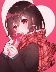 Rule 34 | 1girl, :&lt;, artist name, blush, brown coat, brown hair, closed mouth, coat, commentary, gift, hair ornament, hairclip, heart, heart background, holding, holding gift, long sleeves, looking at viewer, original, pink background, plaid, plaid scarf, red eyes, red scarf, renren (pixiv22963369), scarf, short hair, signature, sleeves past wrists, solo, symbol-only commentary, two-tone background, upper body, valentine