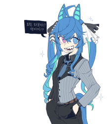 Rule 34 | 1girl, @ @, absurdres, ahoge, alternate costume, animal ears, belt, black pants, black shirt, blue eyes, blue hair, blue necktie, blush, breasts, cocomayo29 (tomato), collared shirt, cowboy shot, crossed bangs, hands in pockets, heterochromia, highres, horse ears, horse girl, horse tail, jacket, korean text, long hair, long sleeves, looking at viewer, multicolored clothes, multicolored jacket, necktie, open mouth, pants, pink eyes, sharp teeth, shirt, sidelocks, small breasts, smile, solo, sparkle, tail, teeth, translation request, twin turbo (umamusume), twintails, two-tone jacket, umamusume, v-shaped eyebrows, white background