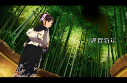 Rule 34 | 1girl, bamboo, bamboo forest, black eyes, brown hair, dutch angle, fisheye, floral print, flower, forest, from behind, hair bun, hair ornament, highres, japanese clothes, kimono, letterboxed, looking at viewer, looking back, munakata (hisahige), nature, night, obi, original, outdoors, print kimono, sash, single hair bun, solo, standing