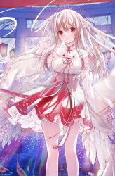 Rule 34 | 1girl, breasts, brown hair, closed mouth, collarbone, commentary request, detached sleeves, feathered wings, feet out of frame, hair between eyes, hand up, head wings, highres, japanese clothes, kimono, long hair, long sleeves, maeda shiori, medium breasts, nontraditional miko, red eyes, red skirt, ribbon-trimmed skirt, ribbon trim, see-through, skirt, smile, solo, sousouman, standing, torii, tree, twinbox school, very long hair, white kimono, white sleeves, white wings, wide sleeves, wings