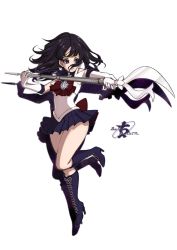 Rule 34 | 1990s (style), 1girl, bishoujo senshi sailor moon, black hair, boots, bow, brooch, character name, choker, cross-laced footwear, earrings, elbow gloves, full body, gloves, harigiri (hijiri305), holding, holding polearm, holding spear, holding weapon, jewelry, knee boots, lace-up boots, magical girl, md5 mismatch, polearm, purple eyes, purple footwear, purple skirt, resolution mismatch, retro artstyle, ribbon, sailor saturn, saturn symbol, short hair, silence glaive, skirt, solo, source larger, spear, star brooch, tiara, tomoe hotaru, weapon, white background, white gloves