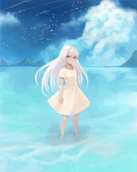 Rule 34 | 1girl, barefoot, bird, blue eyes, blue sky, closed mouth, cloud, cloudy sky, contrail, day, dress, flock, hair intakes, highres, long hair, looking at viewer, ocean, original, short sleeves, sky, solo, sookmo, standing, wading, water, white dress, white hair
