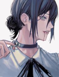 Rule 34 | 1girl, black choker, black hair, black ribbon, blood, blood from mouth, chainsaw man, choker, collared shirt, commentary, green eyes, grenade pin, grey background, hair bun, hand up, highres, looking away, neck ribbon, parted lips, portrait, reze (chainsaw man), ribbon, shirt, short hair, simple background, single hair bun, smile, solo, white shirt, yohohoi