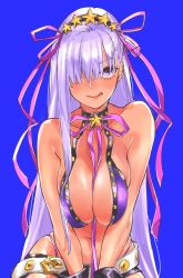 Rule 34 | 1girl, bare shoulders, bb (fate), bb (fate) (all), bb (swimsuit mooncancer) (fate), bb (swimsuit mooncancer) (second ascension) (fate), belt, between breasts, bikini, black gloves, blue background, blunt bangs, breast press, breasts, cleavage, clothes between breasts, collarbone, commentary request, eyelashes, fate/grand order, fate (series), gloves, hair ornament, hair over one eye, hairband, hat, hat ornament, highleg, highleg bikini, highres, hm (hmtm0310), large breasts, licking lips, long hair, looking at viewer, micro shorts, navel, purple bikini, purple eyes, purple hair, shorts, simple background, skindentation, solo, star (symbol), star hair ornament, star hat ornament, swimsuit, tan, tongue, tongue out, v arms, very long hair, white belt