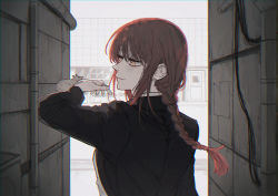 Rule 34 | 1girl, alley, black jacket, braid, braided ponytail, chainsaw man, closed mouth, ebanoniwa, from behind, hand up, jacket, long hair, long sleeves, makima (chainsaw man), mouse (animal), red hair, ringed eyes, single braid, smile, solo, upper body, yellow eyes