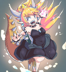 Rule 34 | 1girl, alternate eye color, artist request, attack, aura, black dress, black nails, blue eyes, borrowed character, bowsette, bracelet, breasts, claws, cleavage, clothes lift, collar, dress, dress lift, earrings, energy, fingernails, glowing, glowing hand, gradient eyes, grey background, highres, horns, jewelry, leg up, long hair, looking to the side, mario (series), medium breasts, multicolored eyes, nail polish, new super mario bros. u deluxe, nintendo, off-shoulder dress, off shoulder, open mouth, pointy ears, ponytail, red eyes, sharp fingernails, sharp teeth, shiny skin, short hair, sidelocks, simple background, solo, spiked bracelet, spiked collar, spiked shell, spiked tail, spikes, super crown, tail, teeth