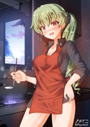 Rule 34 | 1girl, alternate hairstyle, anchovy (girls und panzer), apron, artist name, black scrunchie, blue sky, blush, breasts, cloud, cloudy sky, commentary, cowboy shot, day, dress shirt, girls und panzer, green hair, grey shirt, hair ornament, hair scrunchie, hand on own hip, highres, holding, indoors, insignia, kuromorimine school uniform, long hair, long sleeves, looking at viewer, medium breasts, megadeko, no pants, open mouth, ponytail, pot, red apron, red eyes, school uniform, scrunchie, shirt, signature, single drill, sky, sleeves rolled up, smile, solo, standing, stove, sweat, twitter username, window